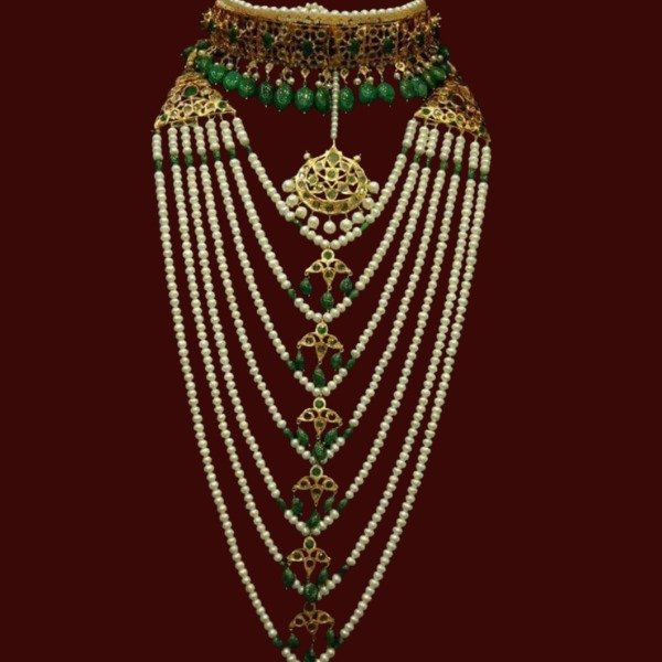 Royal Emerald Pearl Satlada Bridal Necklace Set